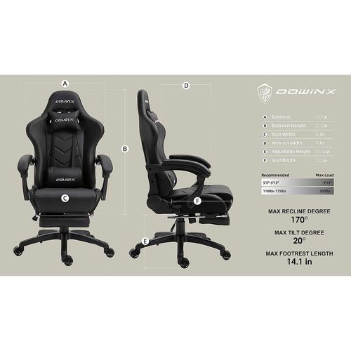 Gaming Chair Ergonomic Office Recliner for Computer with Massage Lumbar Support, Racing Style Armchair PU Leather E-Sports Gamer Chairs with Retractable Footrest (Black)
