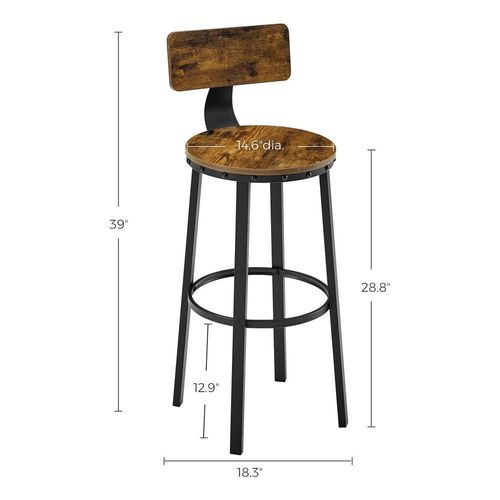 Mahmmayi Bar Stools, Tall Bar Chairs with Backrest, Set of 2 Kitchen Stools, Heavy-Duty Steel Frame, 28.8-Inch High, Easy Assembly, Industrial, Rustic Brown and Black ULBC026B01