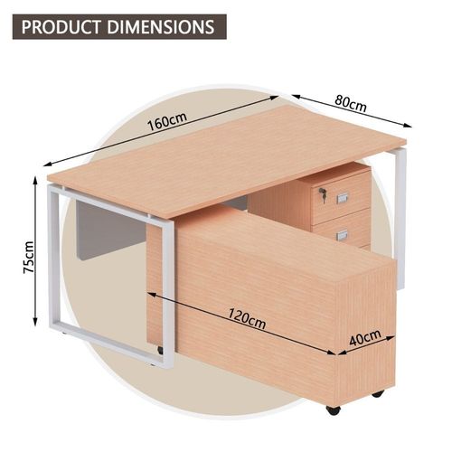 Carre 5116L Modern Workstation Desk Steel Square Metal Legs With 3 Mobile Drawer- W160Cms X D160Cms X H75Cms (Oak)