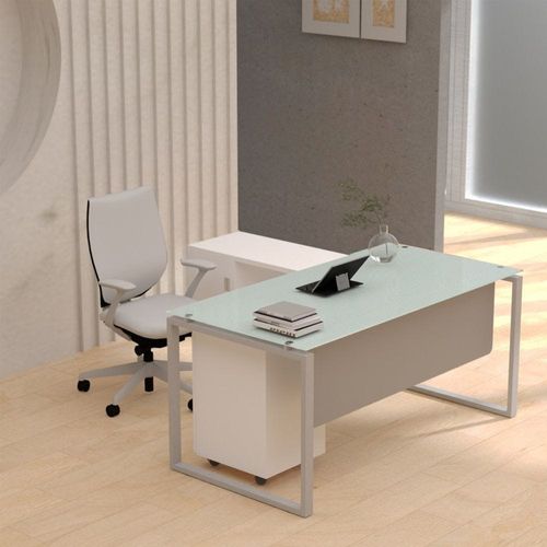 Glass 4116L Executive Modern Workstation Desk With Tempered Glass Top Square Metal Legs Dual Tone - W160Cms X D75Cms X H75Cms (White)