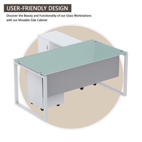 Glass 4116L Executive Modern Workstation Desk With Tempered Glass Top Square Metal Legs Dual Tone - W160Cms X D75Cms X H75Cms (White)