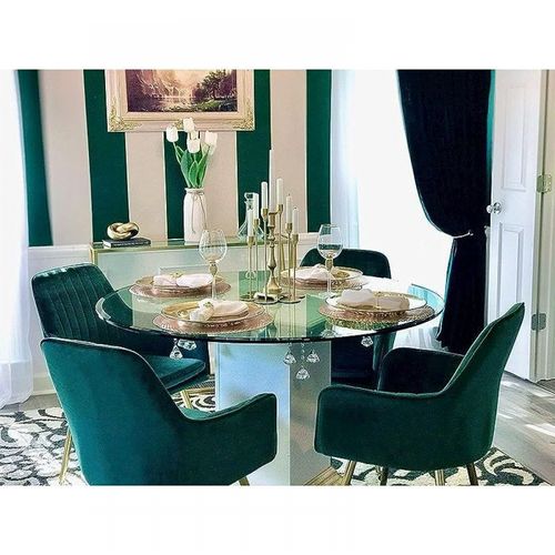 Velvet Dinning Chair Set of 2 Mid-Back Accent Chair Modern Leisure Armchair with Gold Plating Legs Upholstered Living Room Chair (Royal Green-2PCS)