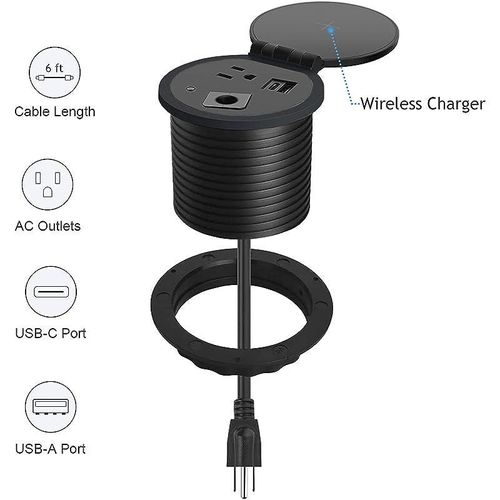 51-1H Round Desktop Power Module with 1xUSB Slot &amp; 1xEthernet utility port for Office Desk &amp; tables - Black