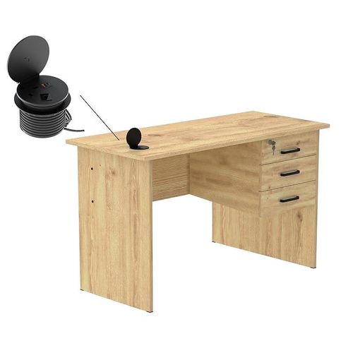 Solama Writing Table With Hanging Drawers And Round Desktop Power Module - Oak