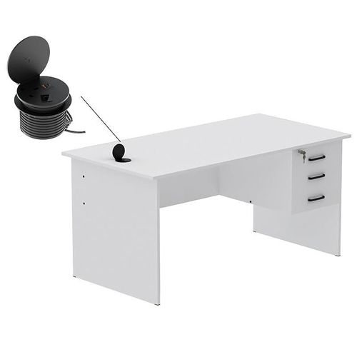 Modern Writing Study Table With Hanging Pedestal Attached And Round Desktop Power Module - White