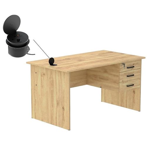 Modern Writing Study Table With Hanging Pedestal Attached And Round Desktop Power Module - Oak