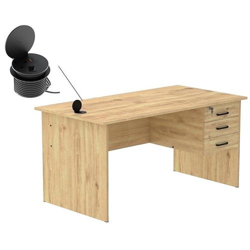 Modern Writing Study Table With Hanging Pedestal Attached And Round Desktop Power Module - Oak