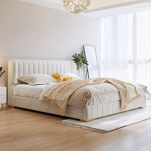 Maple Home Bed Frame Wood Upholstered Modern Velvet King Queen Size Floating Bed Base Bedroom Furniture Off-White