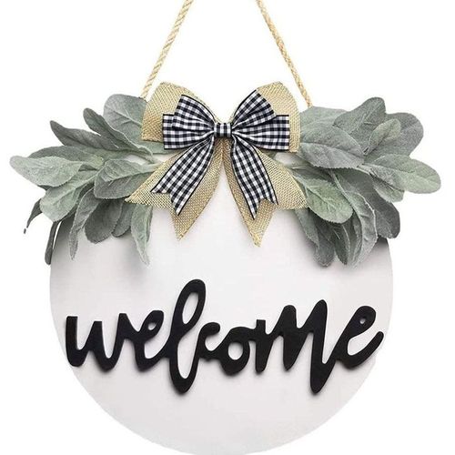 Wreath Theme Hanging Welcome Board Sign - Black And White