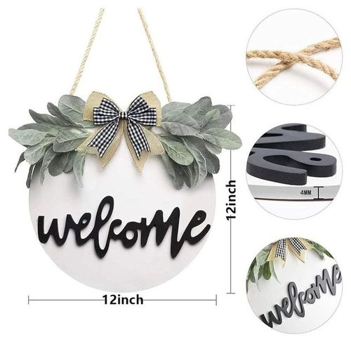 Wreath Theme Hanging Welcome Board Sign - Black And White