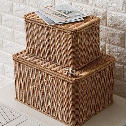Hand Woven High Quality Rattan Storage Basket With Closure (Size 29-21-15CM)