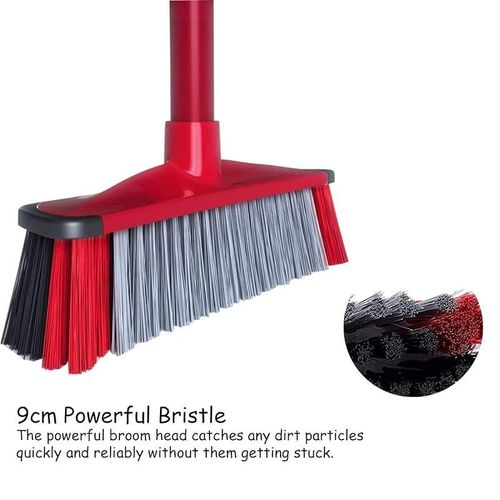 Vileda - 3action Indoor Floor Broom With Stick, Three Different Types Of Fibers, Powerful Bristle, Versatile Rubber Broom, Lightweight, Red & Black, 30 x 6 x 139