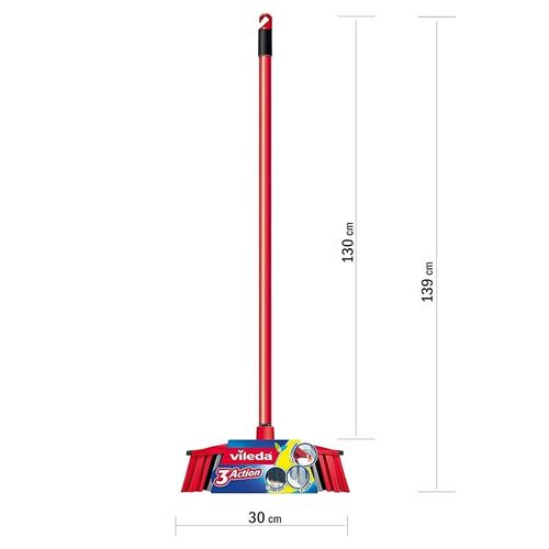 Vileda - 3action Indoor Floor Broom With Stick, Three Different Types Of Fibers, Powerful Bristle, Versatile Rubber Broom, Lightweight, Red & Black, 30 x 6 x 139
