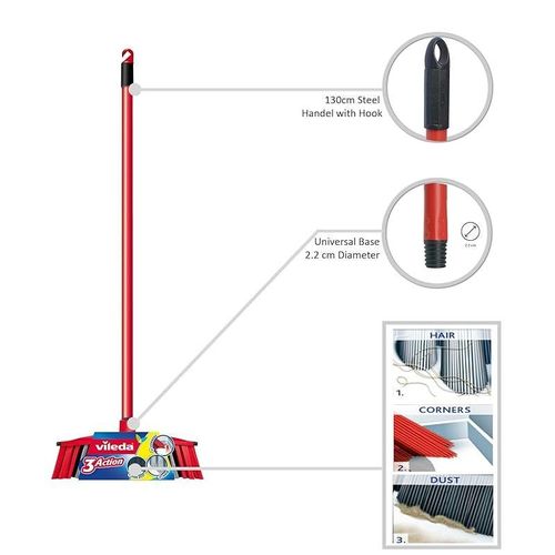 Vileda - 3action Indoor Floor Broom With Stick, Three Different Types Of Fibers, Powerful Bristle, Versatile Rubber Broom, Lightweight, Red & Black, 30 x 6 x 139