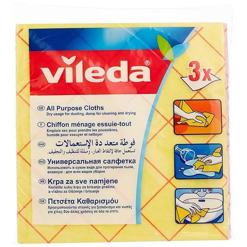 Vileda All-Purpose Cloth 3Pcs, Powerful Cleaning, Water-Absorbent, Durable - Yellow ( 3 Pcs Per Pack)