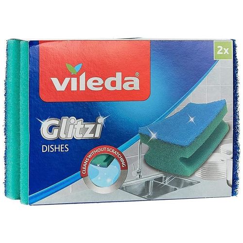 Vileda Glitzi Dishes Scourer Sponge 2Pcs, Soft Cleaning, Durable, User-Friendly - Green &amp; Blue (2 Pcs Per Pack)