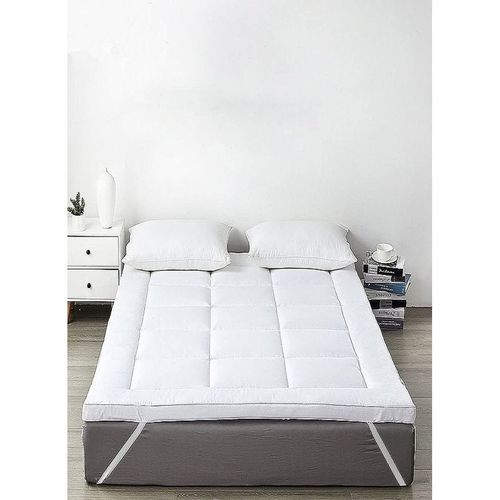 Mattress Topper With Micofiber Filling Box Design Stiched 4 Corner Elastic Straps 10cm Thick 200x200cm