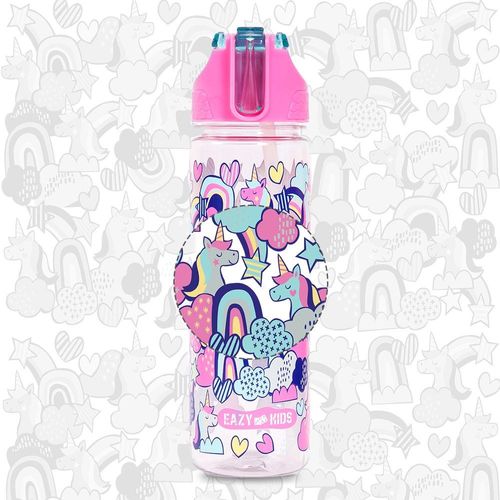 Eazy Kids Tritan Water Bottle w/ 2in1 drinking, Flip lid and Sipper, Unicorn - Pink, 650ml