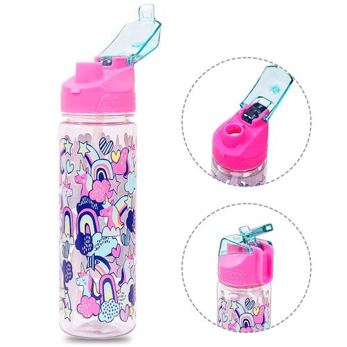 Eazy Kids Tritan Water Bottle w/ 2in1 drinking, Flip lid and Sipper, Unicorn - Pink, 650ml