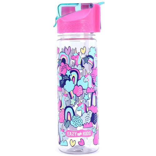 Eazy Kids Tritan Water Bottle w/ 2in1 drinking, Flip lid and Sipper, Unicorn - Pink, 650ml