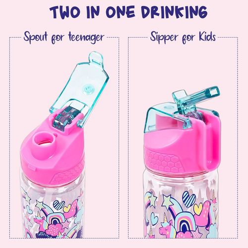 Eazy Kids Tritan Water Bottle w/ 2in1 drinking, Flip lid and Sipper, Unicorn - Pink, 650ml