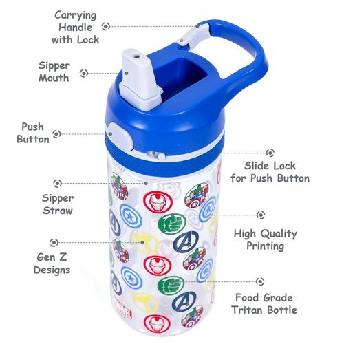 Marvel Avengers Tritan Water Bottle w/ Lockable Push button and Carry Handle - Blue (420ml)