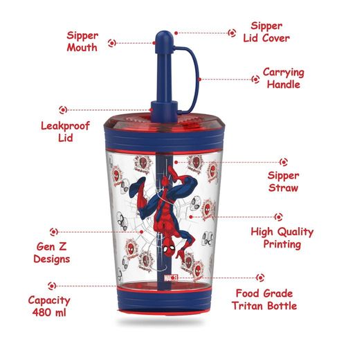 Marvel Beyond Amazing Spider-Man Tritan Sipper Tumbler Water Bottle W/ Straw and Leash Lid - Blue(480ml)