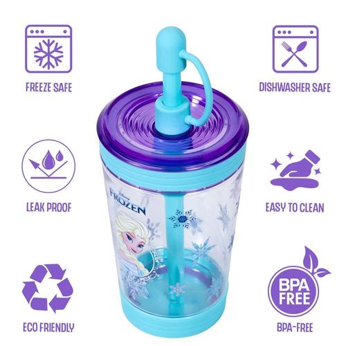 Disney Frozen Princess Elsa Tritan Sipper Tumbler Water Bottle W/ Straw and Leash Lid - Blue(480ml)