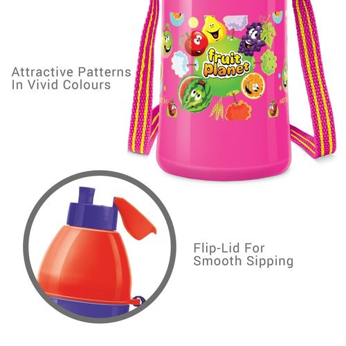 Milton Kool Joy Plastic Insulated Water Bottle with Straw for Kids, 400 ml, Pink
