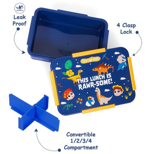 Eazy Kids 1/2/3/4 Compartment Convertible Bento Lunch Box T-Rex - Blue 850ml