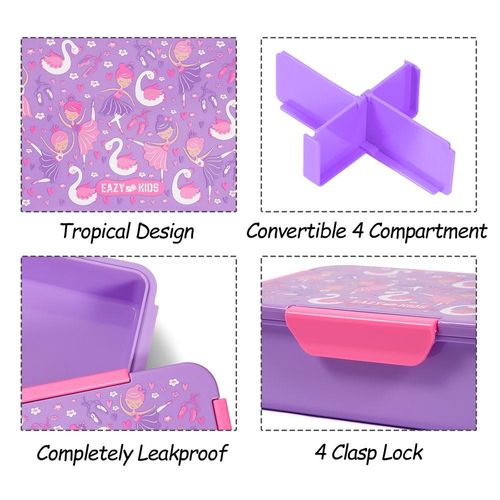 Eazy Kids 1/2/3/4 Compartment Convertible Bento Lunch Box Tropical - Purple 850ml