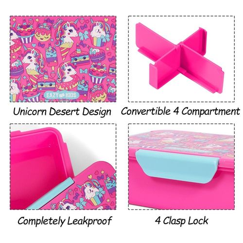 Eazy Kids 1/2/3/4 Compartment Convertible Bento Lunch Box Unicorn Desert - Pink 850ml