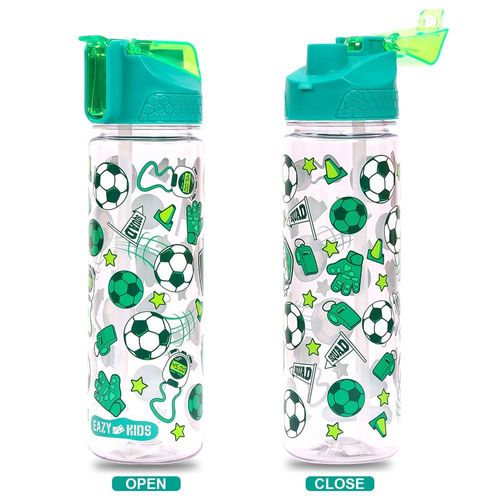 Eazy Kids Lunch Box Set and Tritan Water Bottle w/ 2in1 drinking, Flip lid and Sipper, Soccer - Green, 650ml