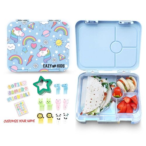 Eazy Kids 4 Compartment Bento Lunch Box w/ Lunch Bag and Steel Food Jar Unicorn-Blue