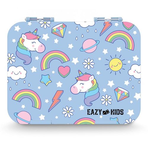 Eazy Kids 4 Compartment Bento Lunch Box w/ Lunch Bag and Steel Food Jar Unicorn-Blue