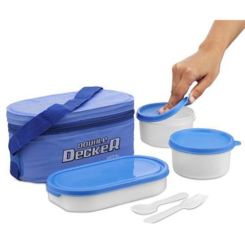 Milton Plastic Double Decker Lunch Box, (2 round Container, 280ml each; 1 Oval Container, 450ml) wt Lunch Bag, Blue