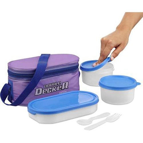 Milton Plastic Double Decker Lunch Box, (2 round Container, 280ml each; 1 Oval Container, 450ml) wt Lunch Bag, Purple