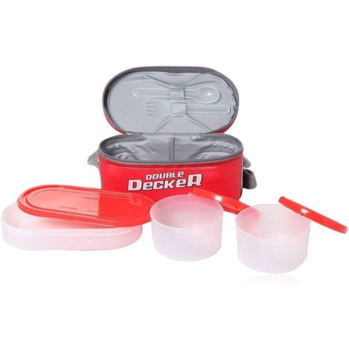 Milton Plastic Double Decker Lunch Box, (2 round Container, 280ml each; 1 Oval Container, 450ml) wt Lunch Bag, Red