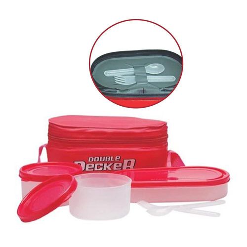Milton Plastic Double Decker Lunch Box, (2 round Container, 280ml each; 1 Oval Container, 450ml) wt Lunch Bag, Red