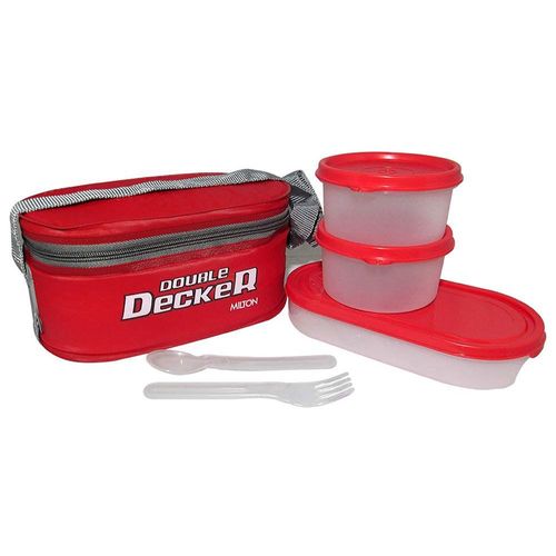 Milton Plastic Double Decker Lunch Box, (2 round Container, 280ml each; 1 Oval Container, 450ml) wt Lunch Bag, Red