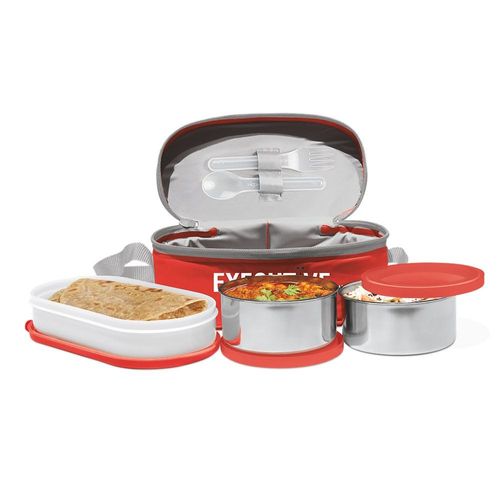 Milton Executive Insulated Lunch Box (2 Stainless Steel Container, 280 ml Each; 1 Microwave Safe Container, 450 ml) wt Lunch Bag, Red