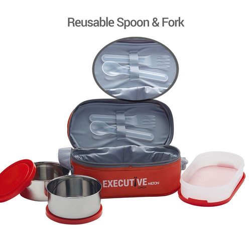 Milton Executive Insulated Lunch Box (2 Stainless Steel Container, 280 ml Each; 1 Microwave Safe Container, 450 ml) wt Lunch Bag, Red