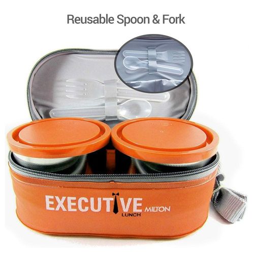 Milton Executive Insulated Lunch Box (2 Stainless Steel Container, 280 ml Each; 1 Microwave Safe Container, 450 ml) wt Lunch Bag, Orange