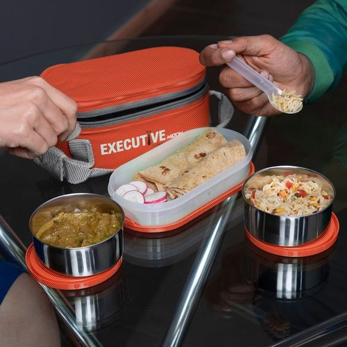 Milton Executive Insulated Lunch Box (2 Stainless Steel Container, 280 ml Each; 1 Microwave Safe Container, 450 ml) wt Lunch Bag, Orange