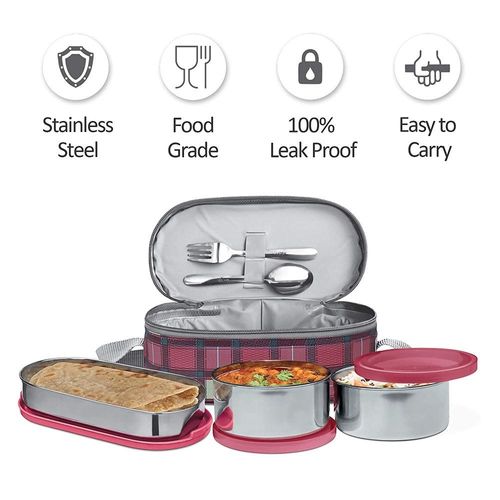 Milton Corporate Lunch 3 Stainless Steel Lunch Box with Lunch Bag, Maroon