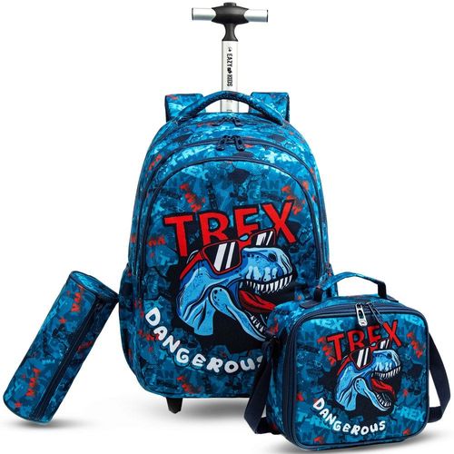 Eazy Kids - 18" Set of 3 Trolley School Bag Lunch Bag & Pencil Case T-Rex Dinosaur - Blue