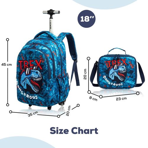 Eazy Kids - 18" Set of 3 Trolley School Bag Lunch Bag & Pencil Case T-Rex Dinosaur - Blue