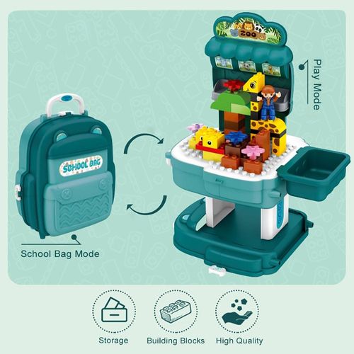 Little Story Role Play Zoological Park With Block Toy Set School Bag (200 Pcs) - Green, 2-In-1 Mode