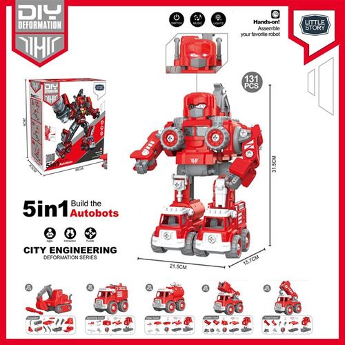 Little Story - Kids Toy 5in1 Robot Transformation Fire Fighter Truck with Remote - Red