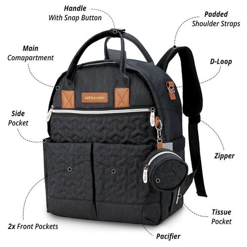 Little Story Quilted Diaper Backpack W/ Pacifier Bag And Stroller Hooks-Black